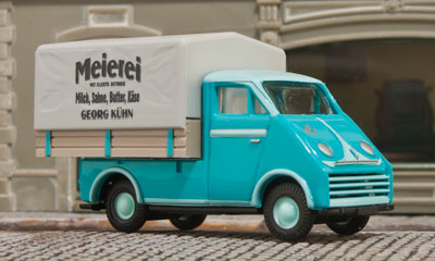 Der DKW 3=6 „Meierei“ in H0 von Busch; Foto: jsk Der DKW 3=6 „Meierei“ in H0 von Busch; Foto: jsk